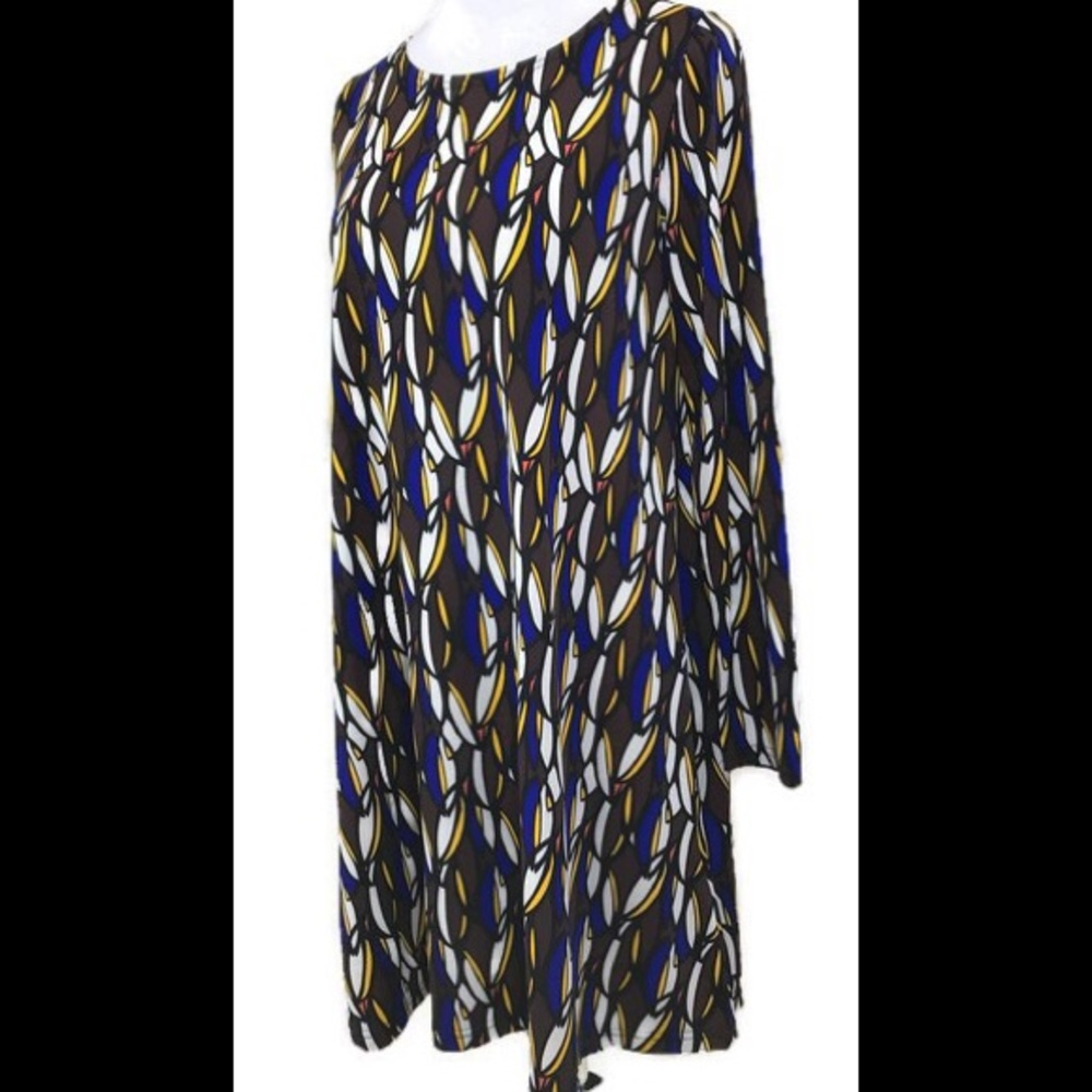 Tracy Negoshian Brown & Blue Feather Stretch Dress Sz Small - Picture 3 of 7